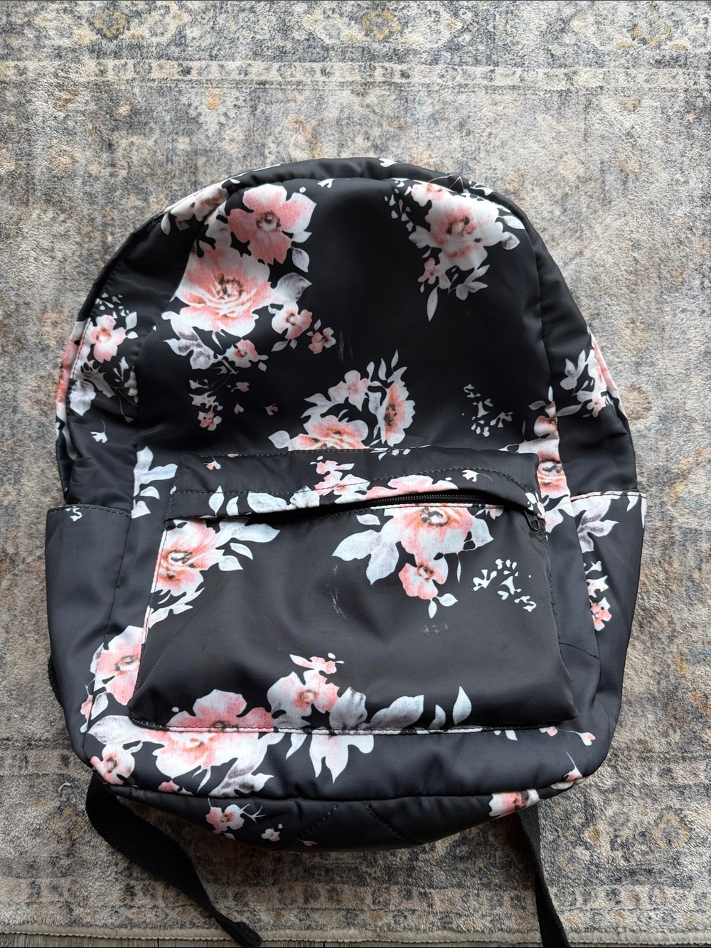 Floral Print Black Backpack with Pink Accent